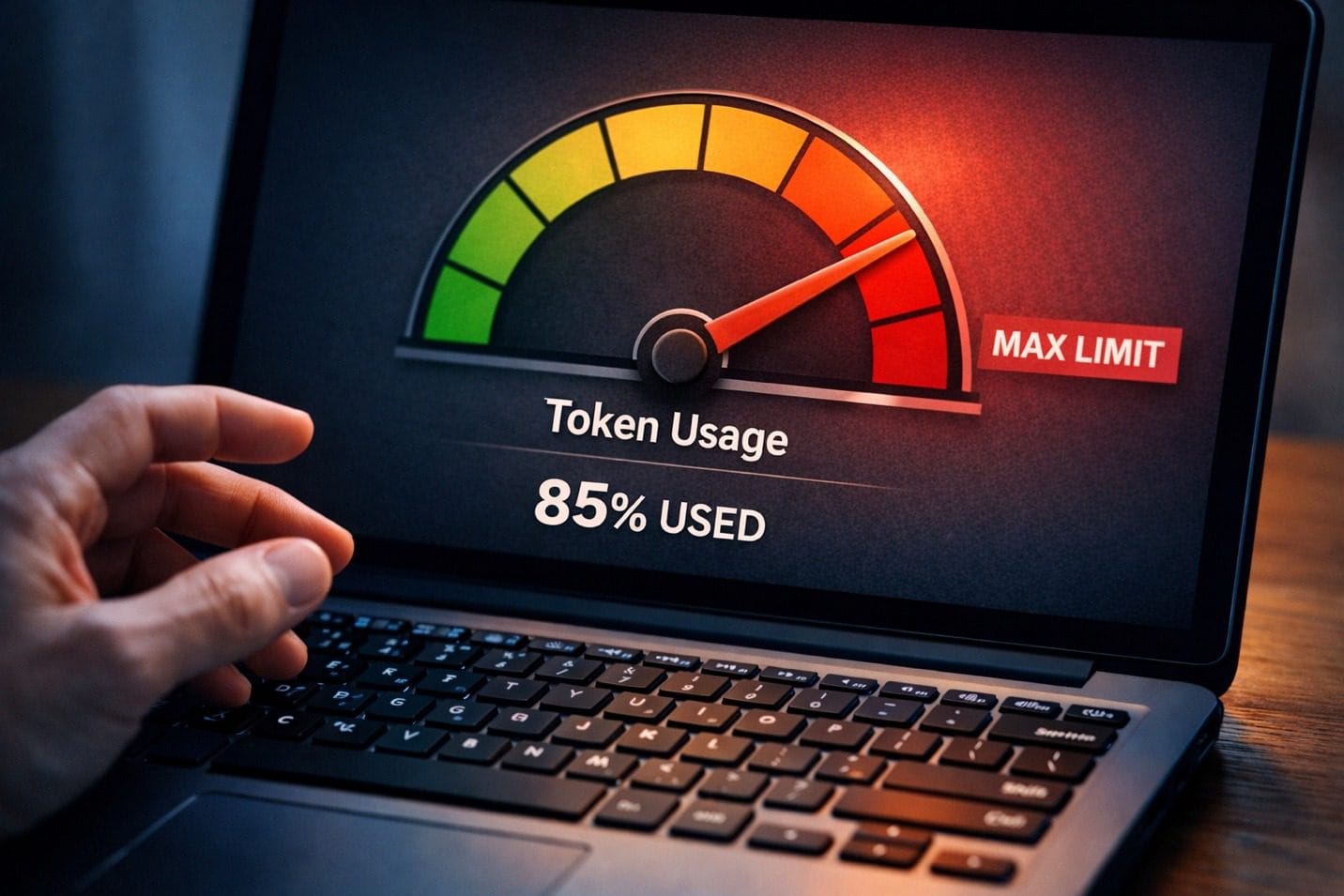 A hand pressing a keyboard with a speedometerDescription automatically generated