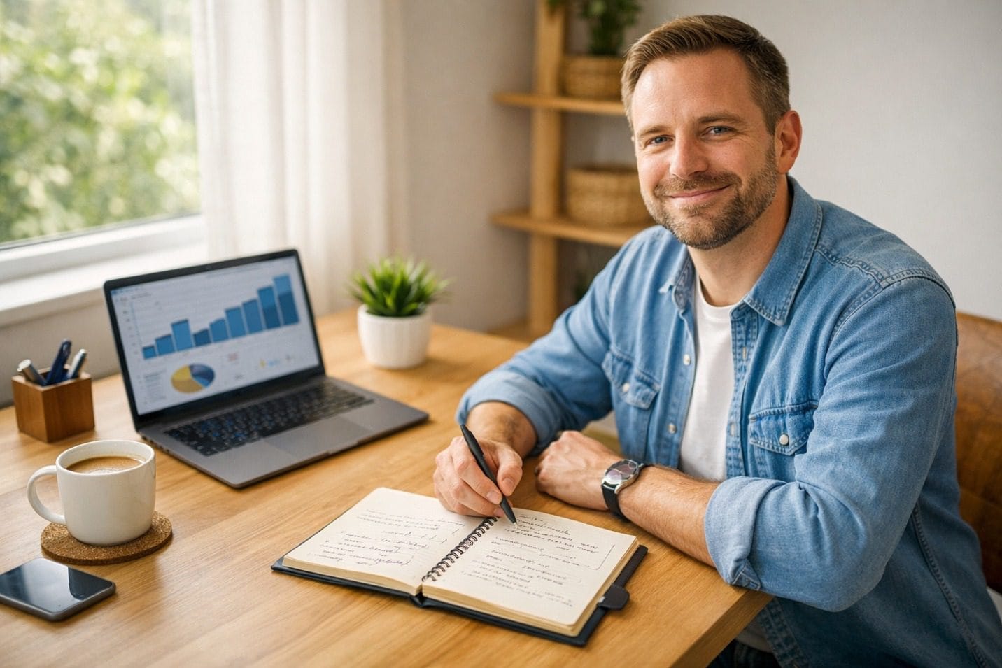 A person sitting at a desk writing in a notebookDescription automatically generated