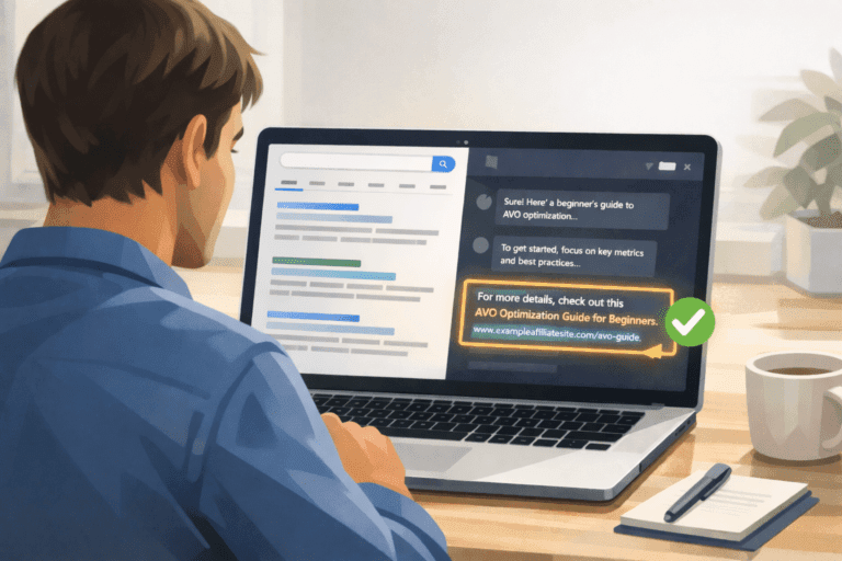 Person at laptop viewing affiliate site cited in ChatGPT AI search answer — AVO optimization guide for beginners.