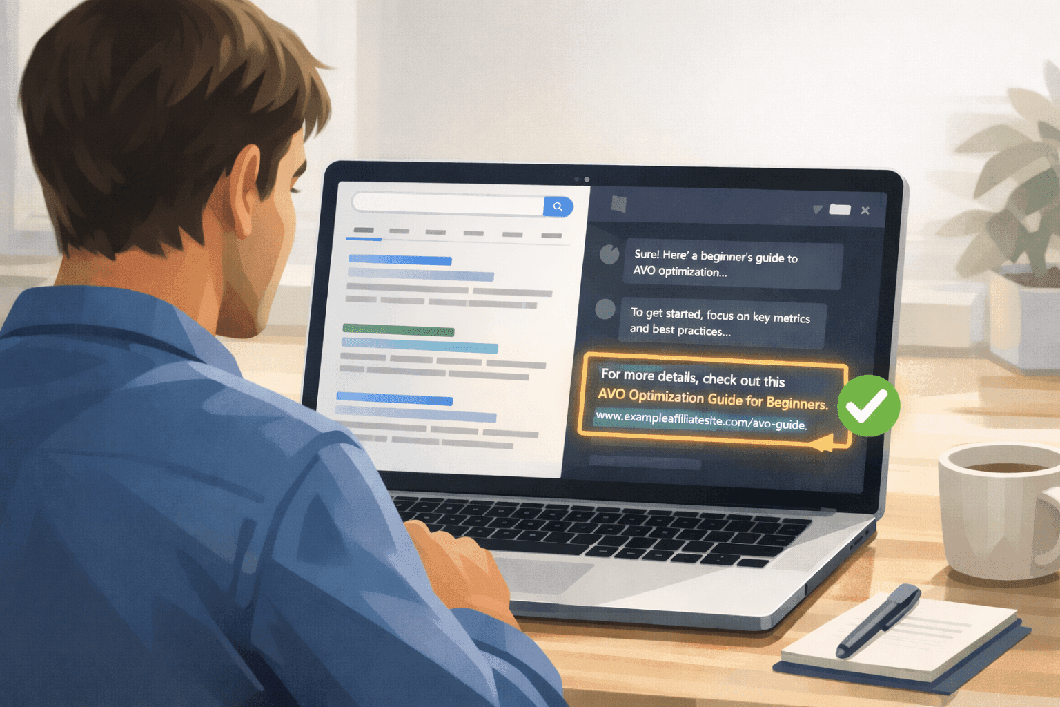 Person at laptop viewing affiliate site cited in ChatGPT AI search answer — AVO optimization guide for beginners.