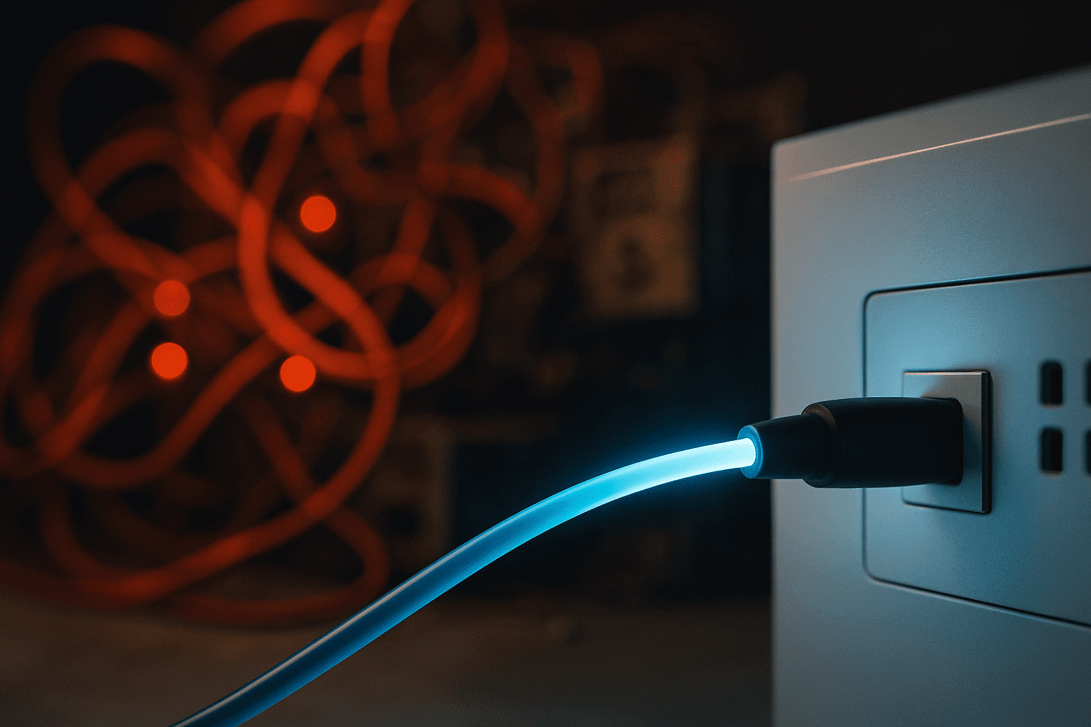 A close-up of a single, sleek fiber-optic cable glowing with a clean blue light, plugged into a minimalist modern server. In the soft, blurred background, a tangled mass of glowing red wires and dusty old hardware fades out of focus — present but deliberately secondary. The sharp foreground clarity versus the chaotic background bokeh visually communicates the contrast between curated, efficient update services and outdated ping spam, without dividing the frame. No text overlay. The composition should feel purposeful and editorial, like a technology magazine cover shot