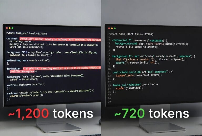 Before and after comparison showing a bloated AI prompt on the left (1200+ tokens) versus an optimized version on the right (720 tokens), demonstrating 40% token savings.