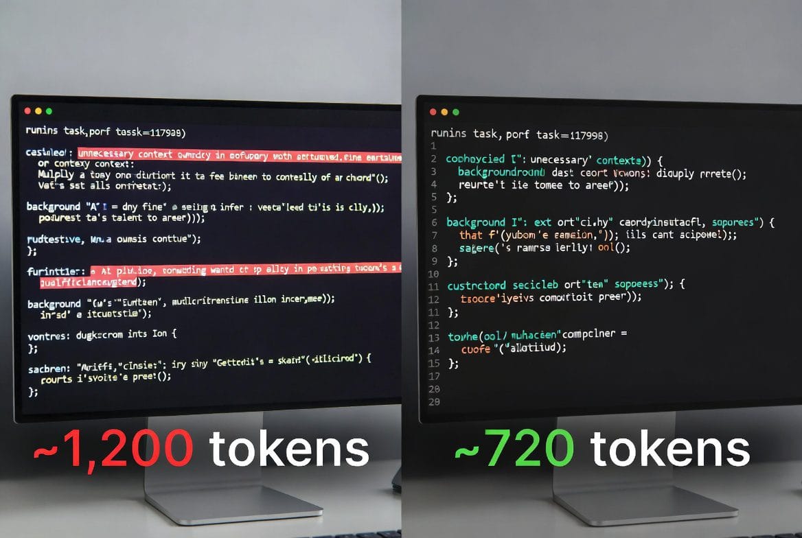 Before and after comparison showing a bloated AI prompt on the left (1200+ tokens) versus an optimized version on the right (720 tokens), demonstrating 40% token savings.