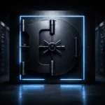 A sealed vault door glowing at its edges inside a dark server room, representing Anthropic's decision to withhold Claude Mythos from public access.