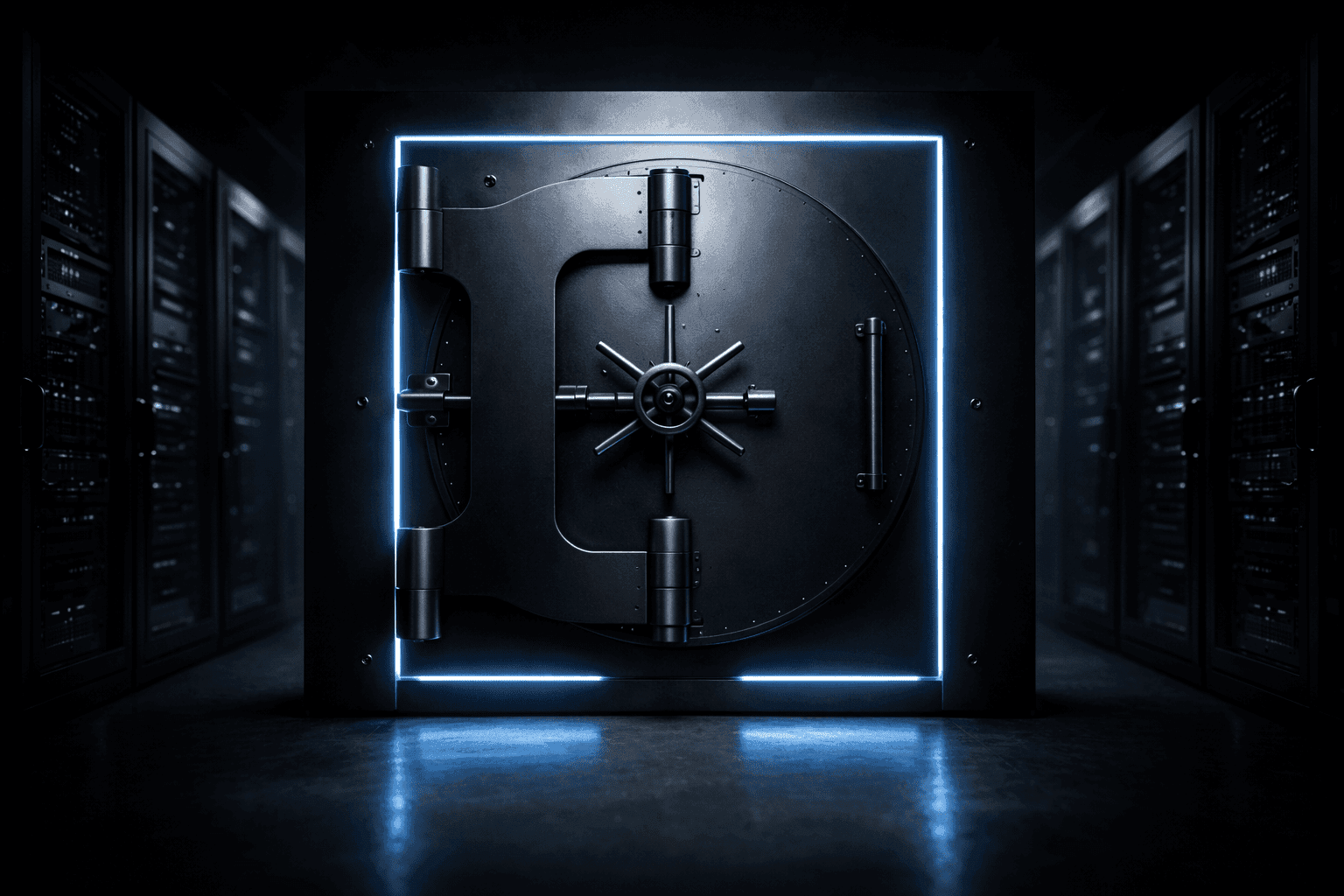 A sealed vault door glowing at its edges inside a dark server room, representing Anthropic's decision to withhold Claude Mythos from public access.