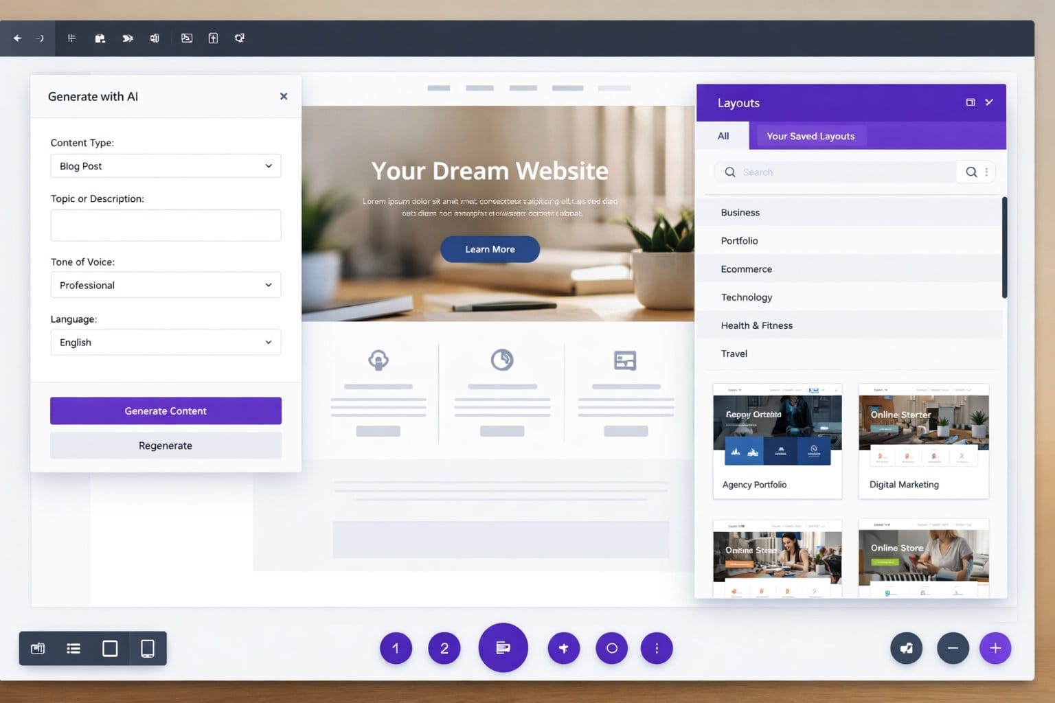 Divi AI interface dashboard showing layout builder, copy generator, and template options