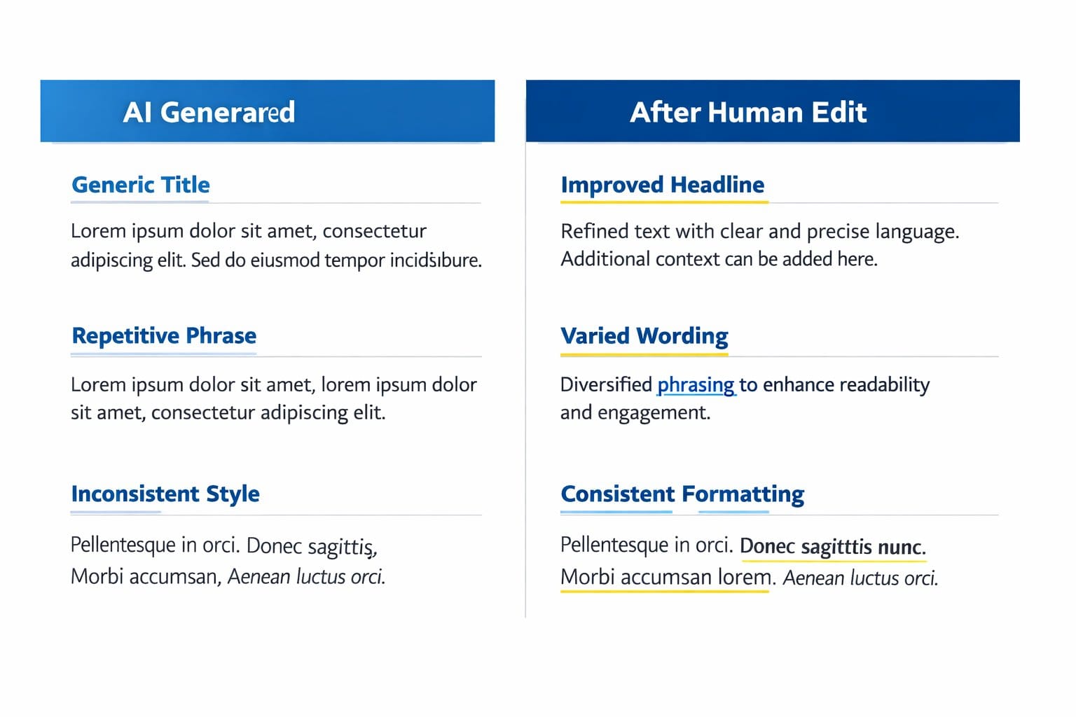 Before-and-after comparison showing raw AI copy on the left and edited human version on the right with corrections highlighted