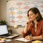 Blogger at desk with workflow diagrams on whiteboard and laptop open