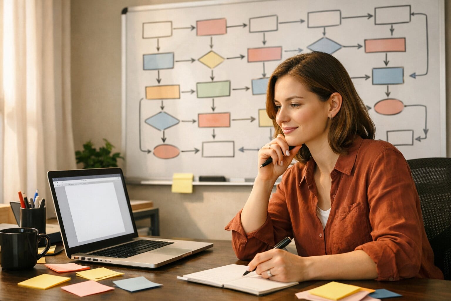 Blogger at desk with workflow diagrams on whiteboard and laptop open