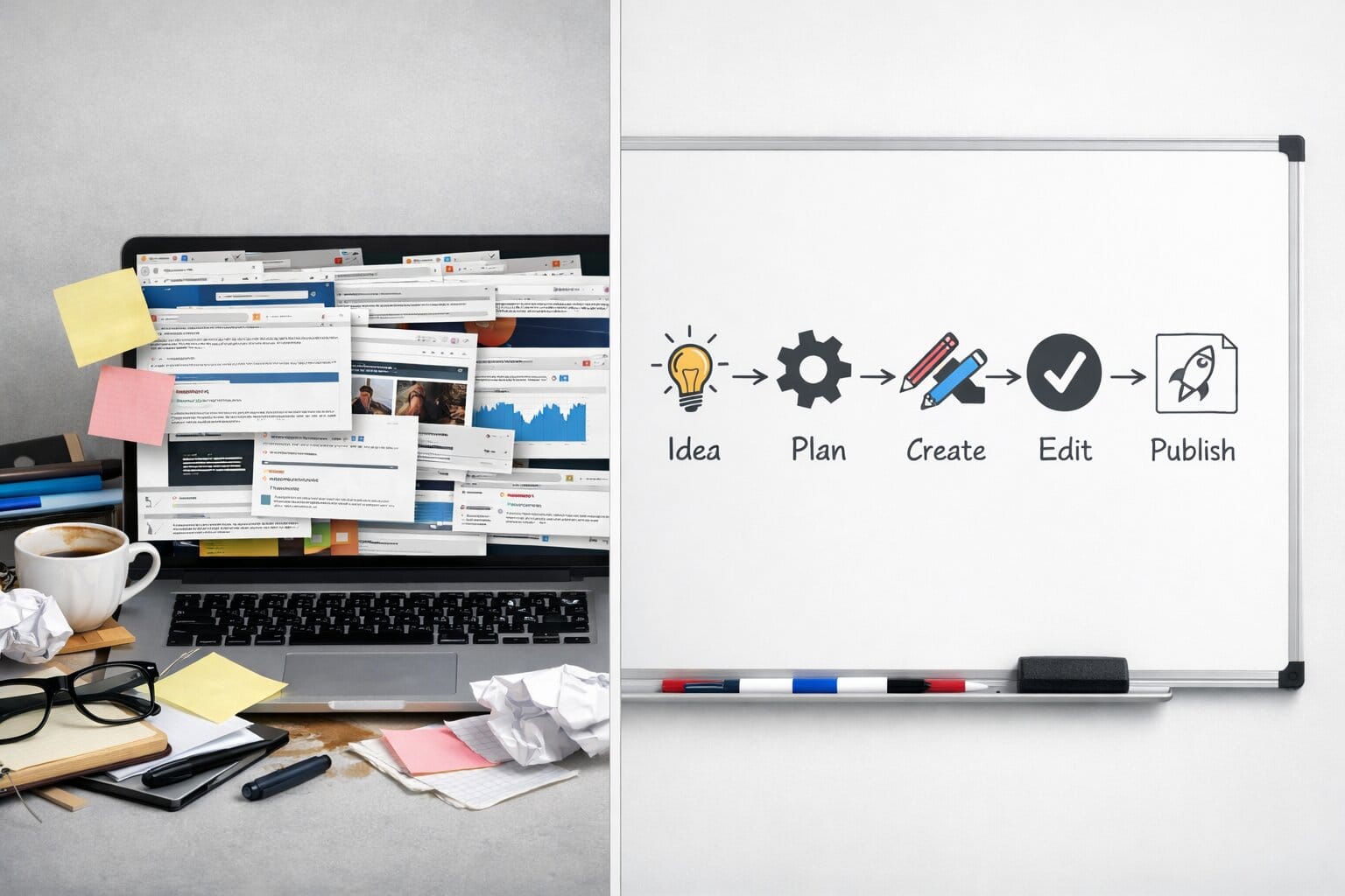 Split screen comparing disorganized blogger tabs versus clean workflow diagram on whiteboard