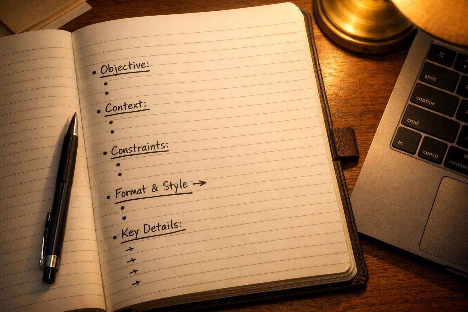 Handwritten AI prompt template in notebook beside laptop on warm-lit desk