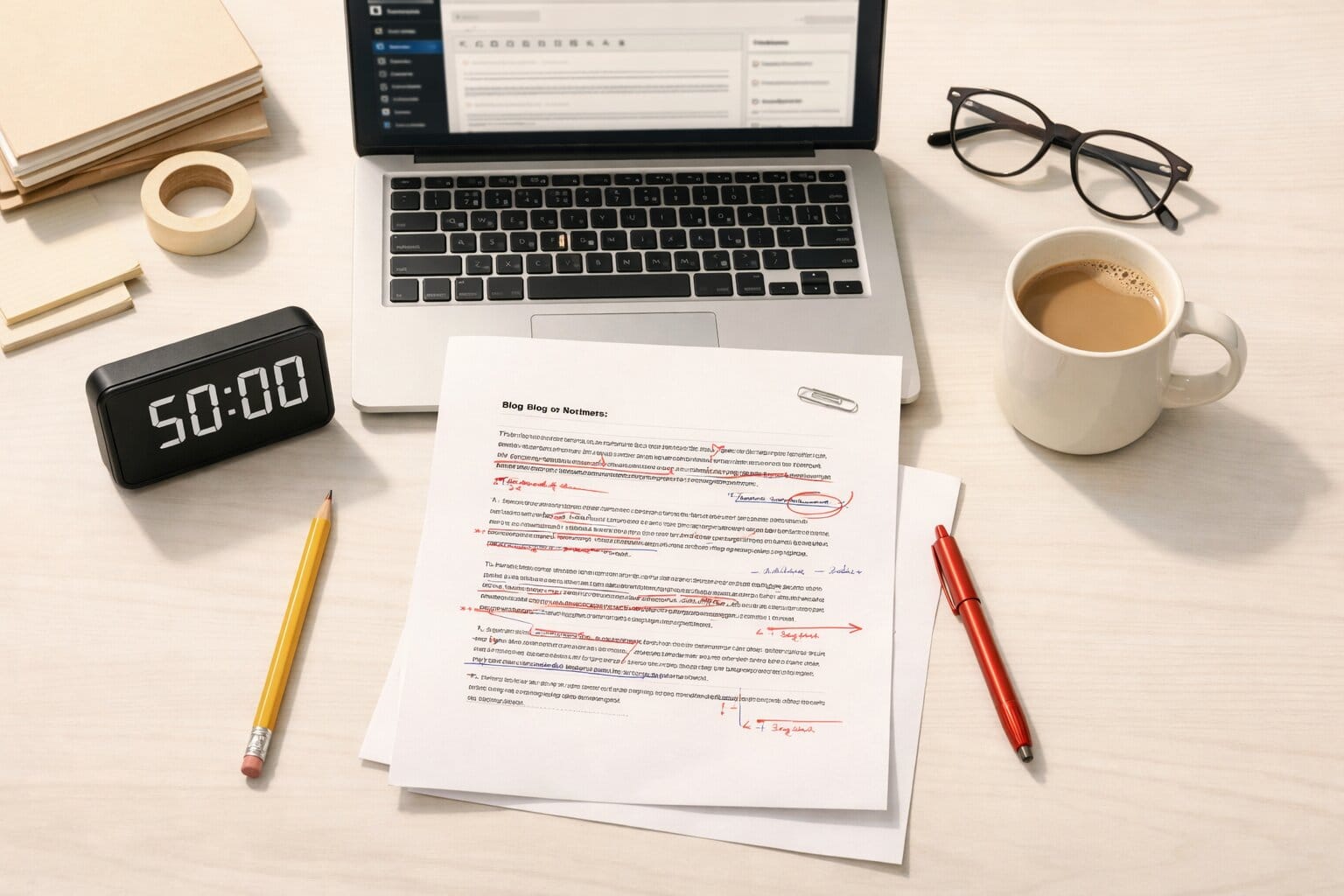 Flat lay of printed blog post, 50-minute timer, and WordPress dashboard on laptop