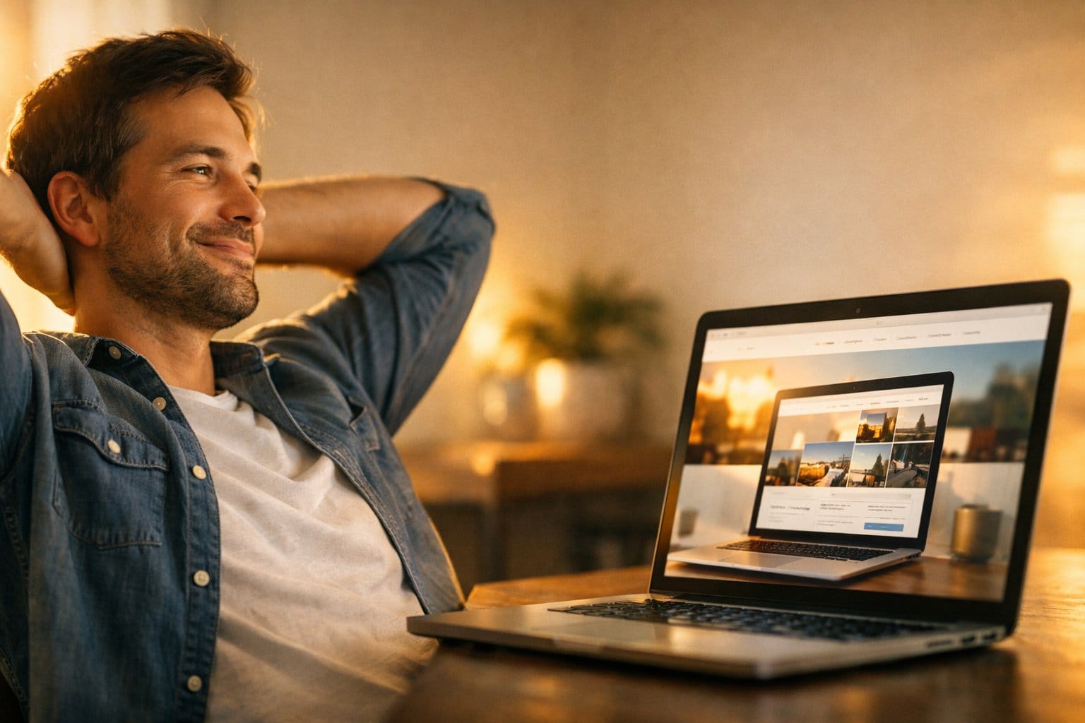 Blogger reviewing a completed Divi WordPress page on a laptop in a home office