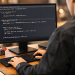 Security professional reviewing WordPress plugin code with security badges and lock icons visible on a desktop monitor