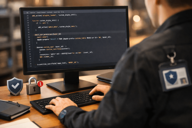 Security professional reviewing WordPress plugin code with security badges and lock icons visible on a desktop monitor