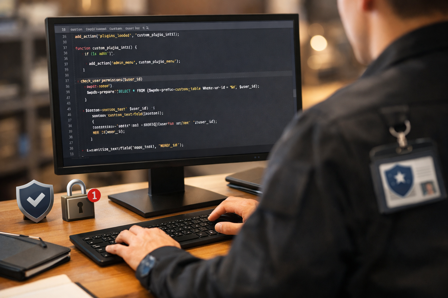 Security professional reviewing WordPress plugin code with security badges and lock icons visible on a desktop monitor