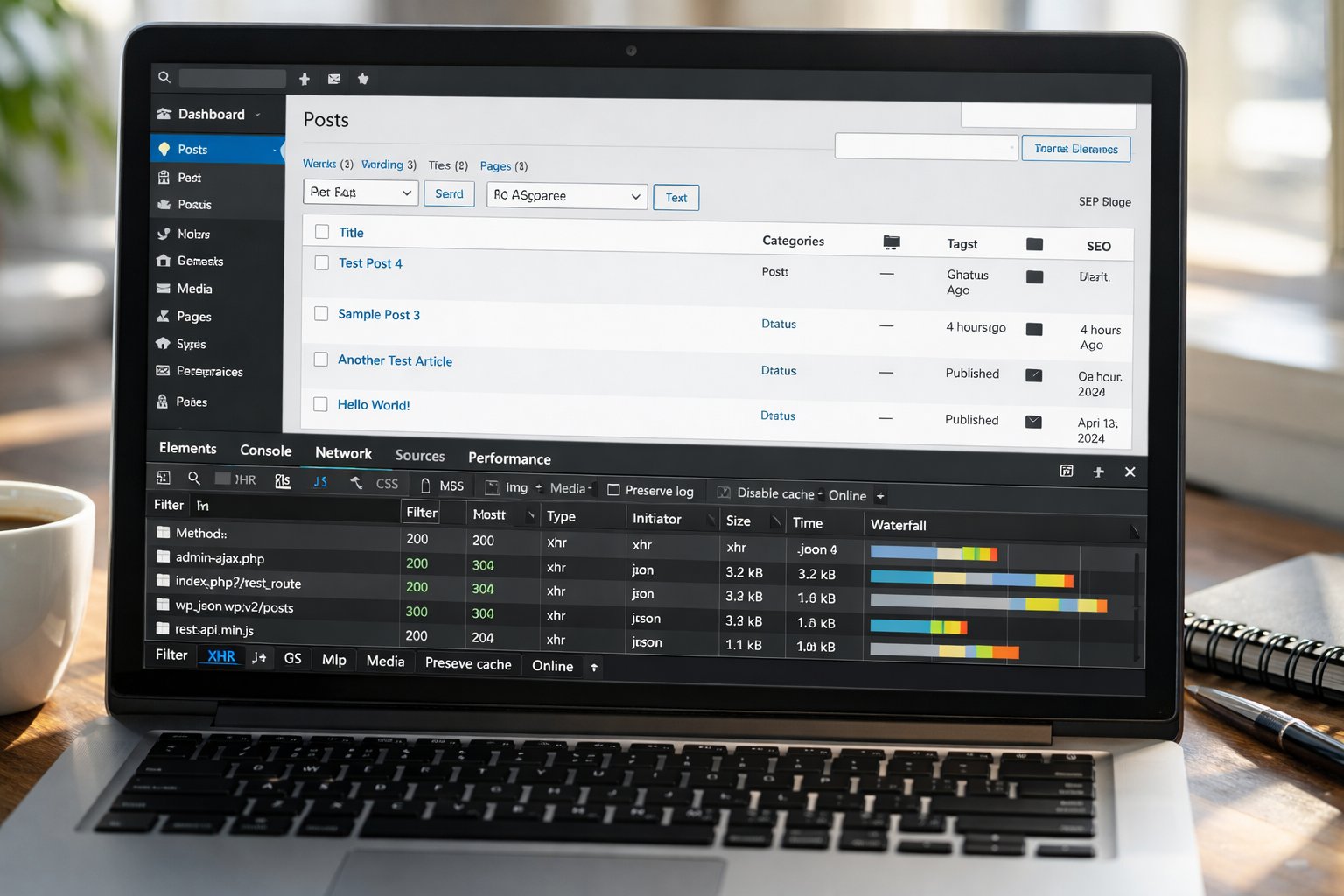 Laptop screen showing WordPress staging environment with test posts and network inspector displaying API calls being made to external services