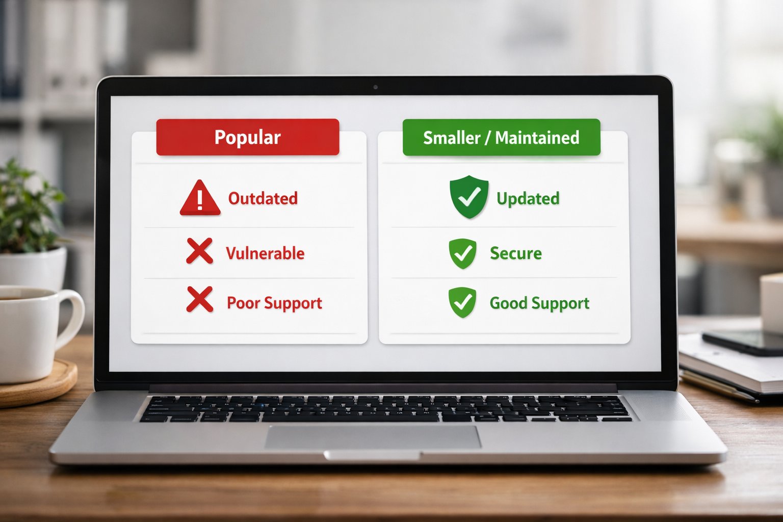 Split-screen showing two plugin comparison cards on a laptop—left side showing popular plugin with red warning badges, right side showing smaller plugin with green security seals and checkmarks