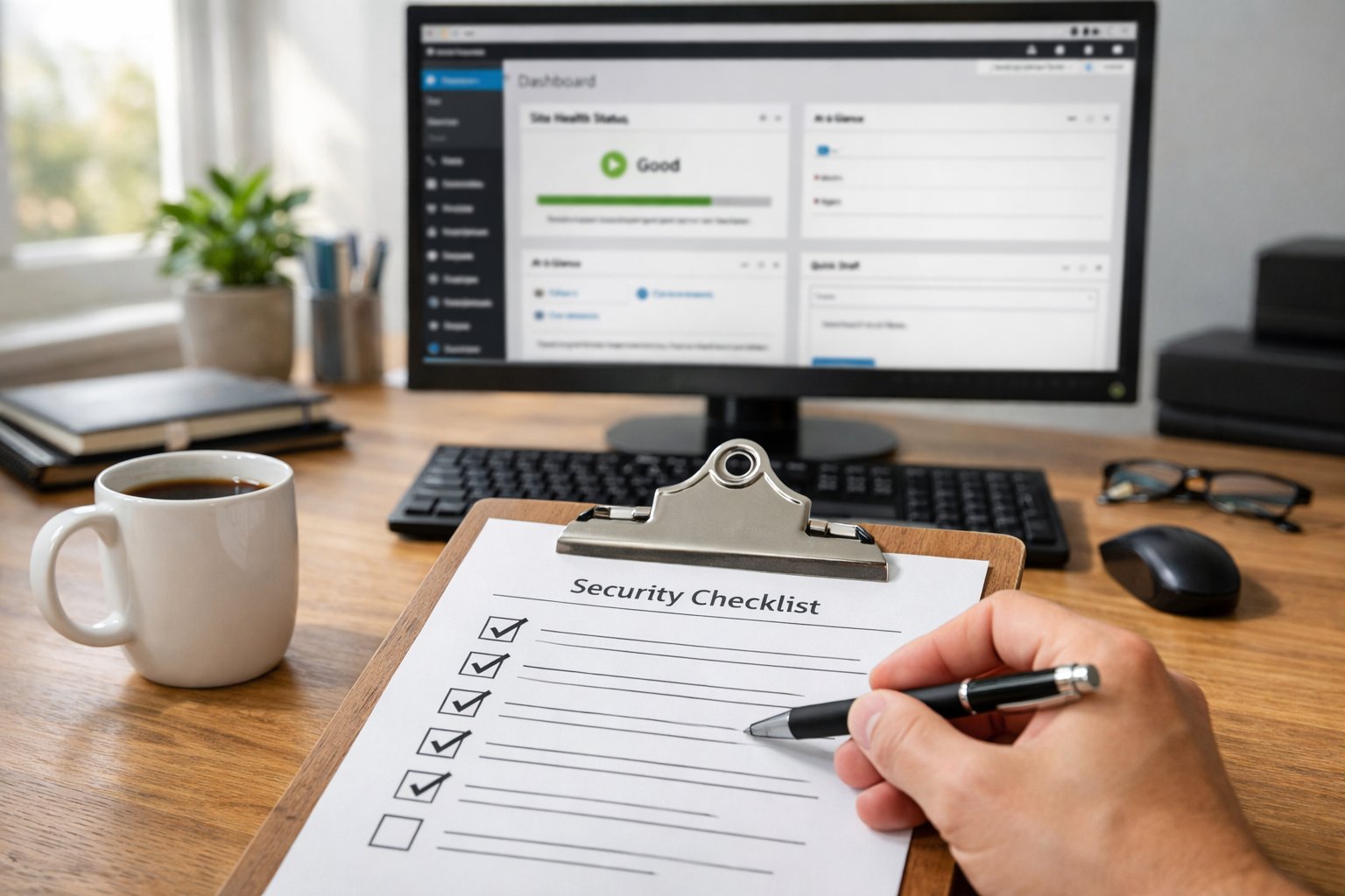 Physical checklist on clipboard with items being checked off, coffee cup beside it, and a WordPress site dashboard running smoothly visible on a monitor in the background