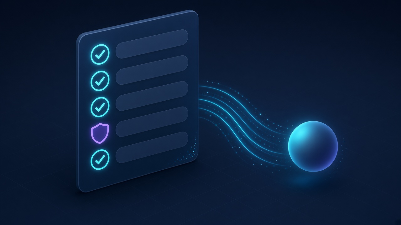 Abstract checklist of tasks handed to an AI agent, with one step held for human approval