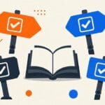 Illustration of four signposts with checkbox shapes around an open book