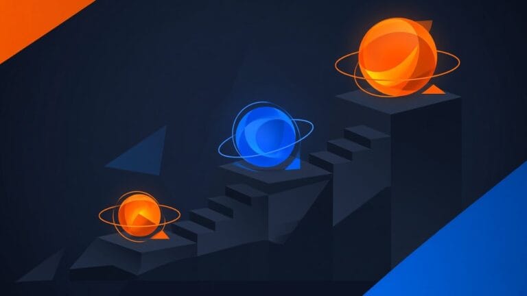 Illustration of three stepped platforms holding progressively larger glowing orbs