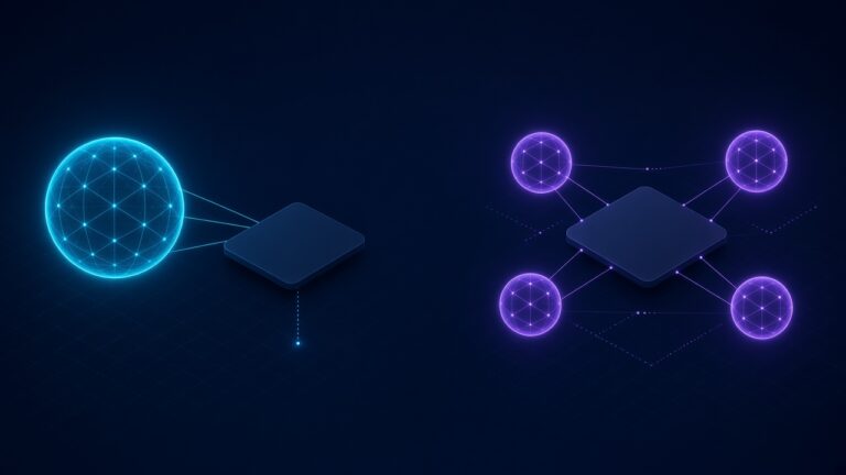 Grok Bot vs Claude Duet: abstract illustration of one cyan AI agent beside a team of violet AI agents sharing one workspace