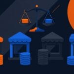 Illustration of four storefront kiosks with coin stacks of different heights and a balance scale