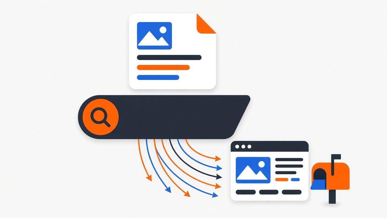 Illustration of a search bar with a summary card above and a thinner stream of arrows flowing to a blog page