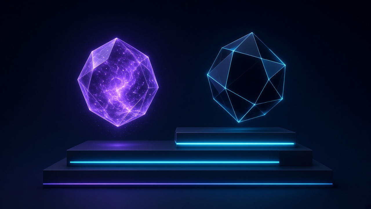 Illustration of a glowing violet crystal and a dark cyan-edged crystal floating above three lit steps, representing Gemini 4 Argon and Carbon and Google's plan tiers