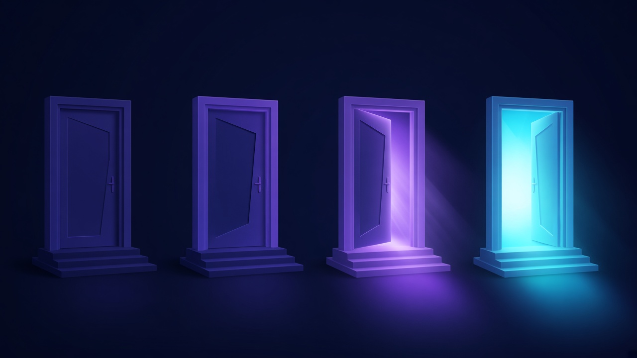Illustration of four doorways in a row: two closed and dim, two open and glowing, representing which Google AI plans include Gemini 4 Argon