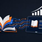 Illustration of an open book whose pages flow as glowing data lines into a tablet showing an ebook, with a rising bar chart, representing publishing an AI-assisted ebook on Amazon KDP