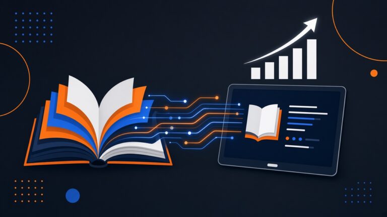 Illustration of an open book whose pages flow as glowing data lines into a tablet showing an ebook, with a rising bar chart, representing publishing an AI-assisted ebook on Amazon KDP
