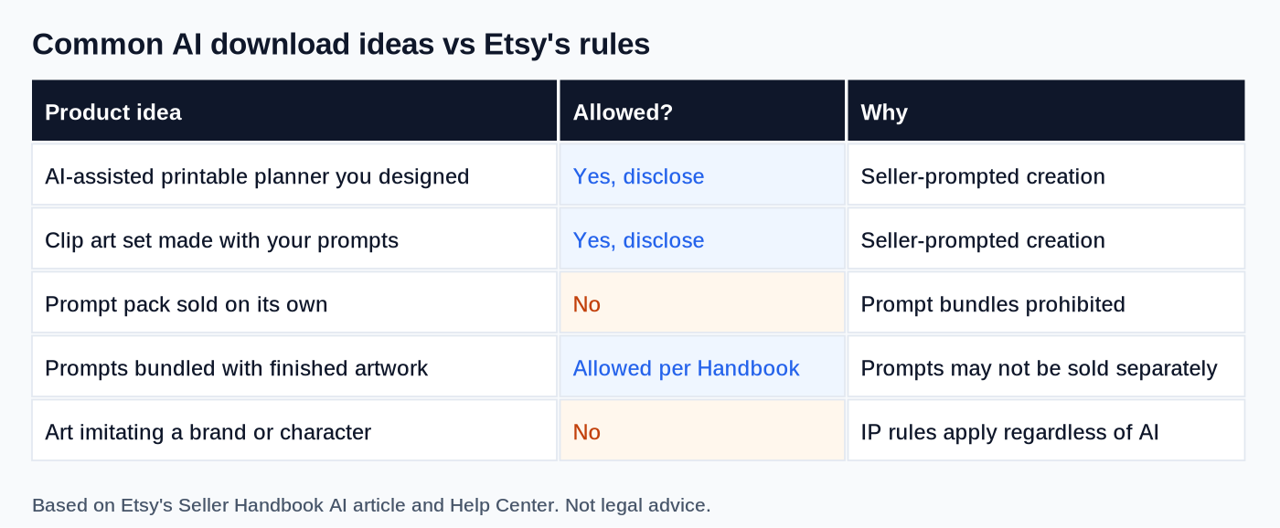 Common product ideas checked against Etsy's published rules.