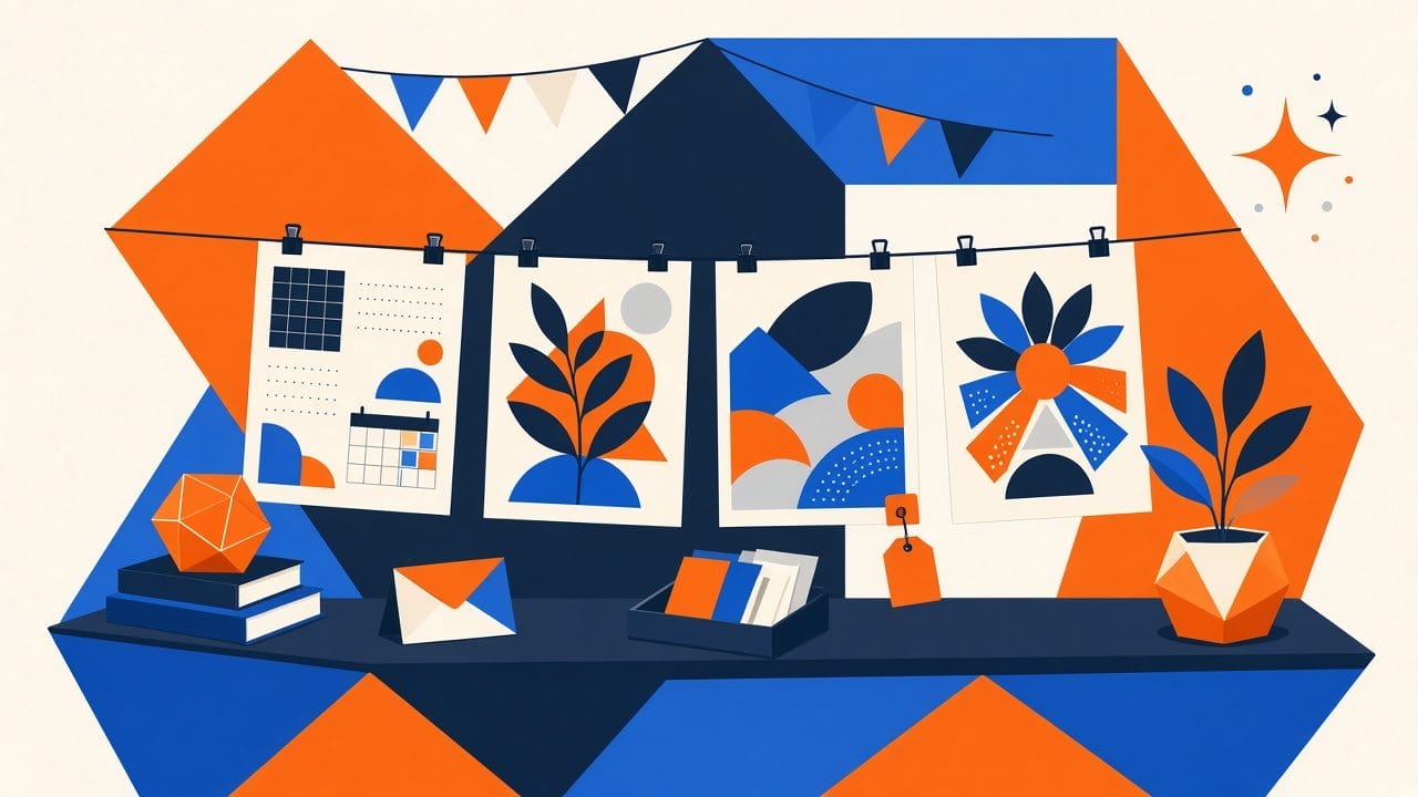 Illustration of a digital market stall with printables and a small tag attached to one print