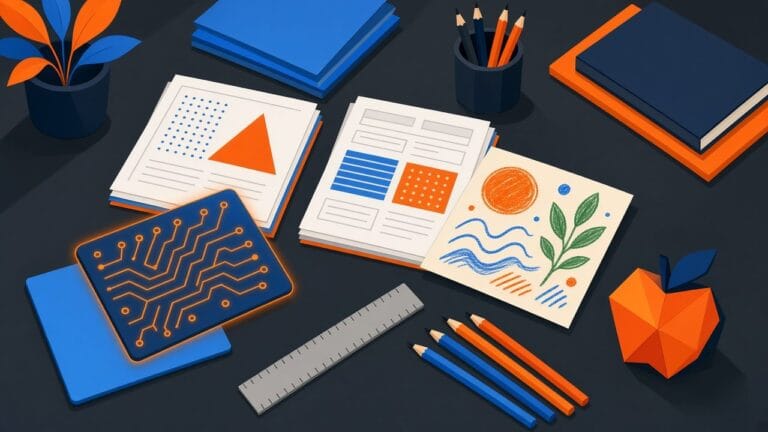 Illustration of a teacher's desk where a circuit-patterned worksheet cover is being replaced with a hand-drawn one