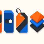 Illustration of a dashboard of geometric news tiles including a calendar, switch and price tag