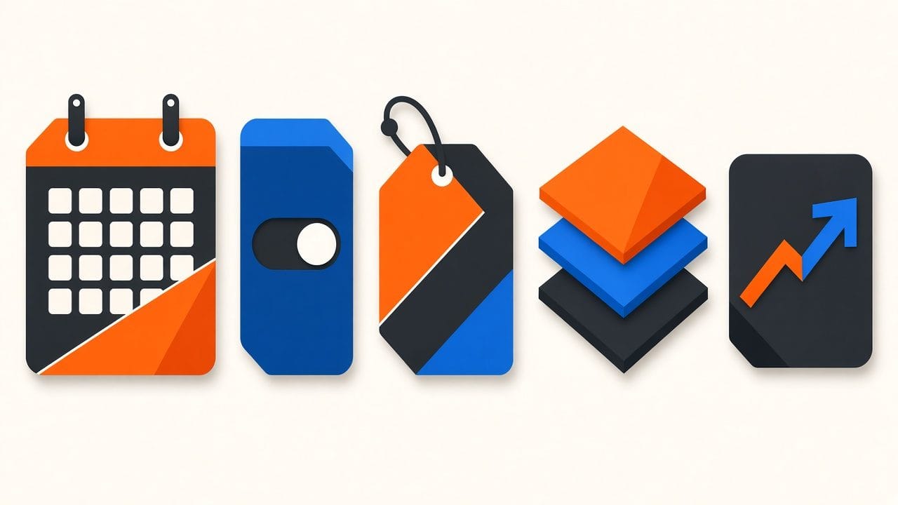 Illustration of a dashboard of geometric news tiles including a calendar, switch and price tag