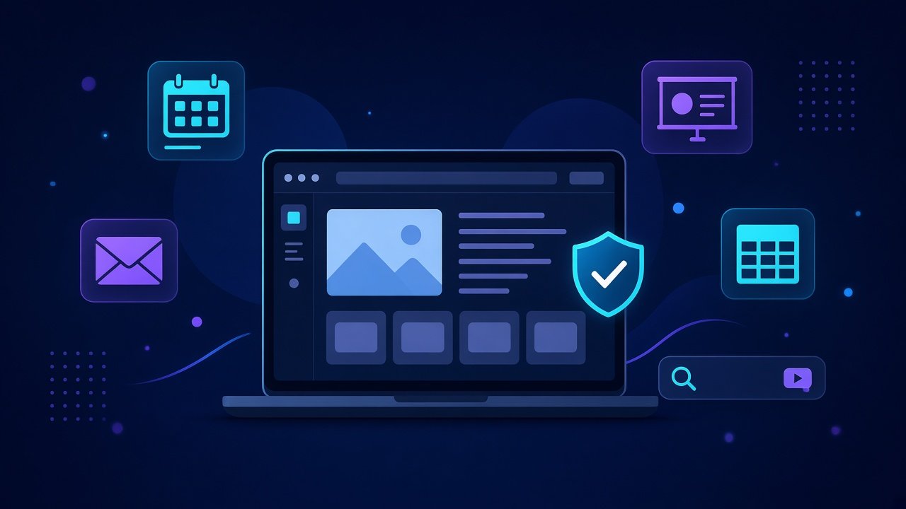 Illustration of a laptop showing a website editor with a security shield, surrounded by calendar, email, slides, spreadsheet and search icons.