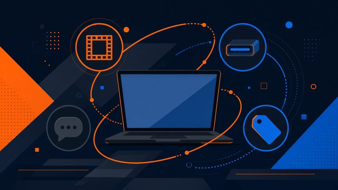 Illustration of a laptop surrounded by orbiting skill icons, some brightening and one dimming